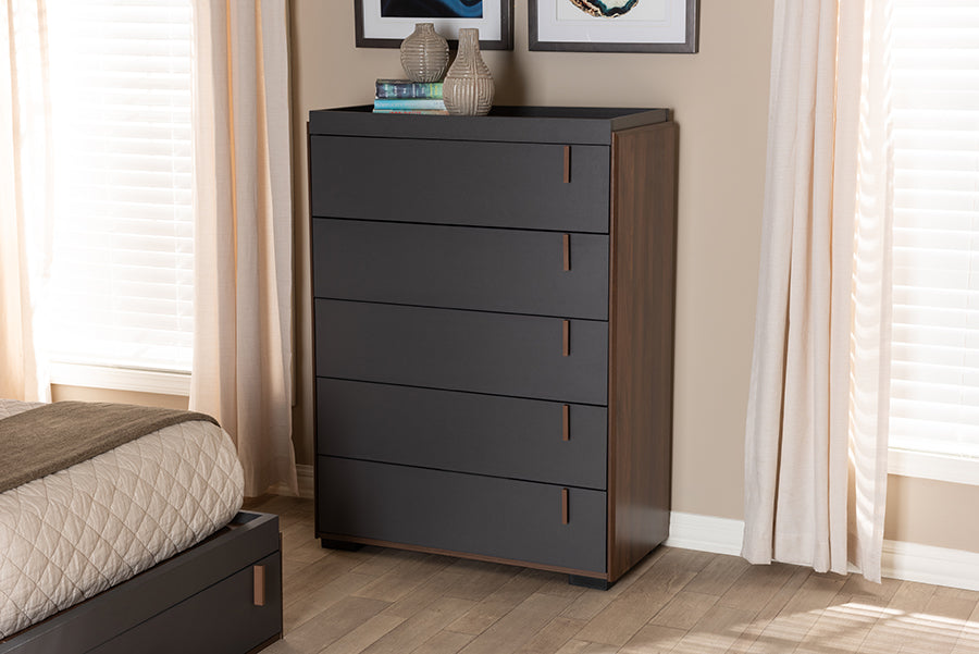 Baxton Studio Rikke Modern and Contemporary Two-Tone Gray and Walnut Finished Wood 5-Drawer Chest | Modishstore | Drawers