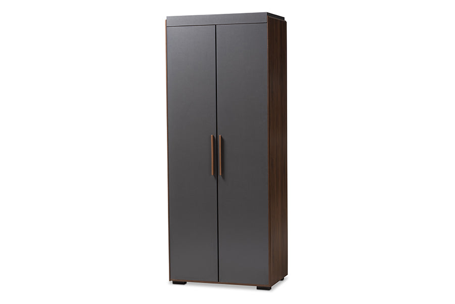 baxton studio rikke modern and contemporary two tone gray and walnut finished wood 7 shelf wardrobe storage cabinet | Modish Furniture Store-2