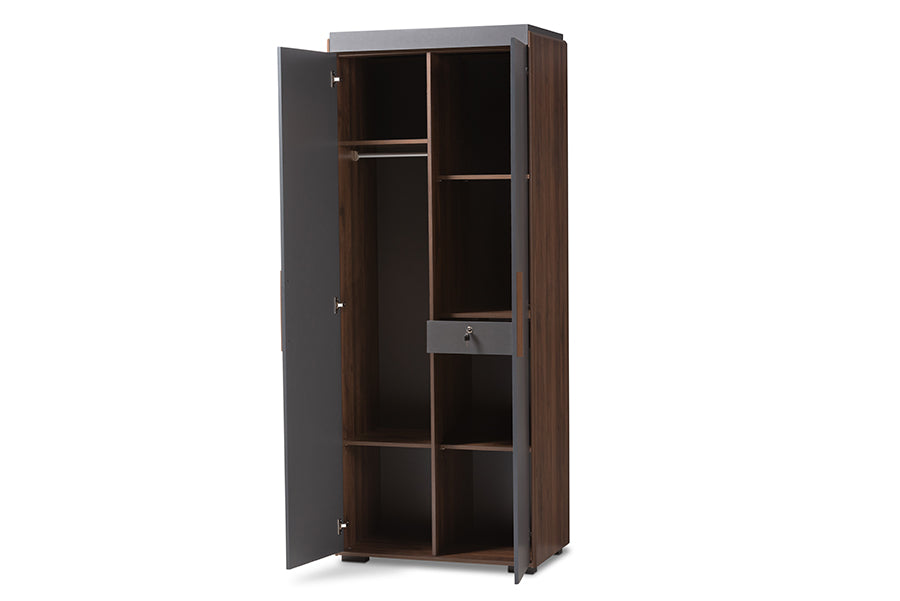 baxton studio rikke modern and contemporary two tone gray and walnut finished wood 7 shelf wardrobe storage cabinet | Modish Furniture Store-3