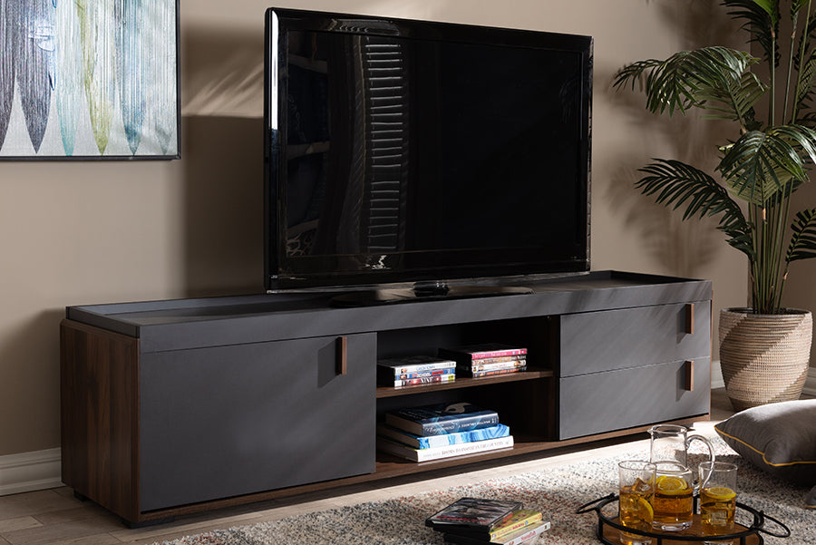 Baxton Studio Rikke Modern and Contemporary Two-Tone Gray and Walnut Finished Wood 2-Drawer TV Stand | Modishstore | TV Stands