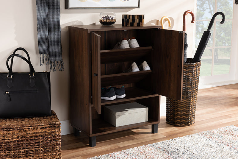 Baxton Studio Rossin Modern and Contemporary Walnut Brown Finished 2-Door Wood Entryway Shoe Storage Cabinet | Modishstore | Cabinets