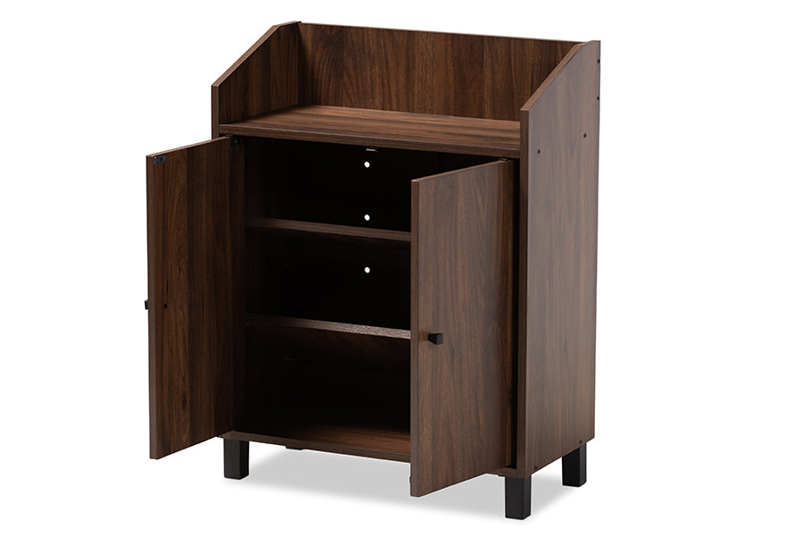 baxton studio rossin modern and contemporary walnut brown finished 2 door wood entryway shoe storage cabinet with open shelf | Modish Furniture Store-3