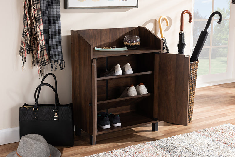 Baxton Studio Rossin Modern and Contemporary Walnut Brown Finished 2-Door Wood Entryway Shoe Storage Cabinet with Open Shelf | Modishstore | Cabinets