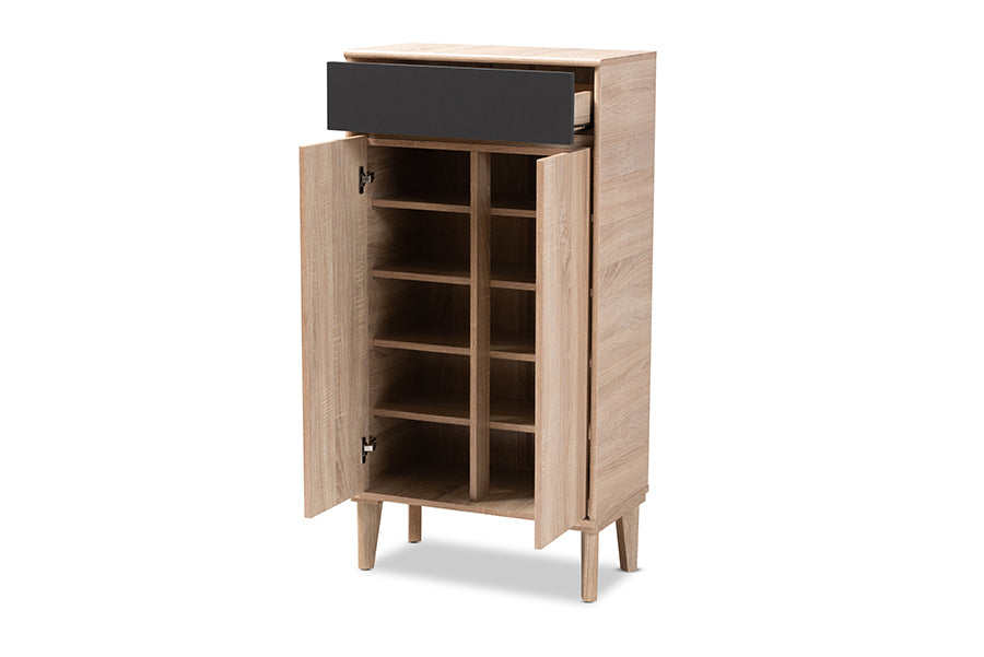 baxton studio fella mid century modern two tone oak brown and dark gray entryway shoe cabinet with drawer | Modish Furniture Store-3