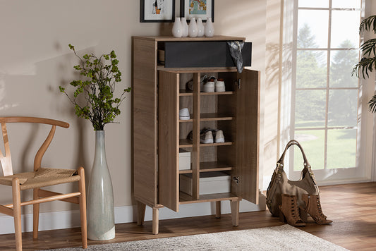 Baxton Studio Fella Mid-Century Modern Two-Tone Oak Brown and Dark Gray Entryway Shoe Cabinet with Drawer | Modishstore | Cabinets
