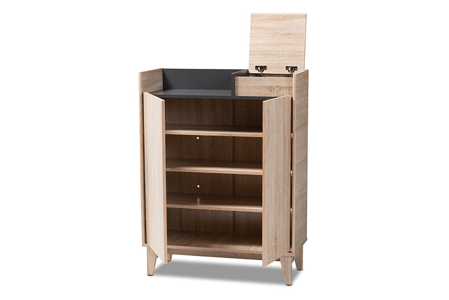 baxton studio fella mid century modern two tone oak brown and dark gray entryway shoe cabinet with lift top storage compartment | Modish Furniture Store-3