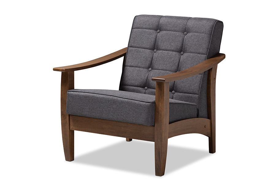 baxton studio larsen mid century modern gray fabric upholstered walnut wood lounge chair | Modish Furniture Store-2