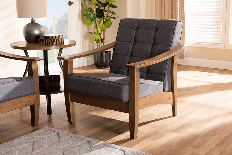 Baxton Studio Larsen Mid-Century Modern Gray Fabric Upholstered Walnut Wood Lounge Chair | Modishstore | Lounge Chairs