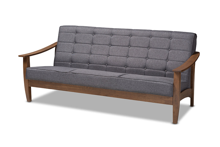 baxton studio larsen mid century modern gray fabric upholstered walnut wood sofa | Modish Furniture Store-2
