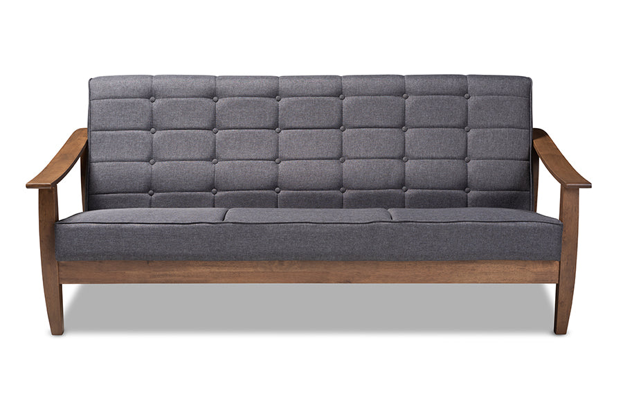 baxton studio larsen mid century modern gray fabric upholstered walnut wood sofa | Modish Furniture Store-3