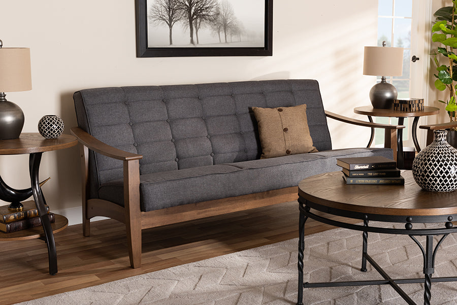 Baxton Studio Larsen Mid-Century Modern Gray Fabric Upholstered Walnut Wood Sofa | Modishstore | Sofas