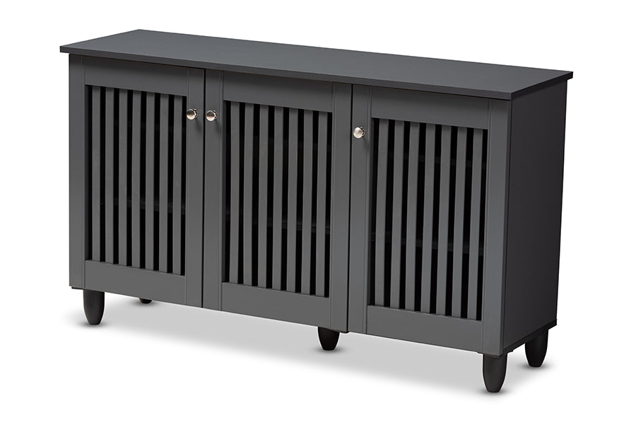 baxton studio fernanda modern and contemporary dark gray 3 door wooden entryway shoe storage wide cabinet | Modish Furniture Store-2