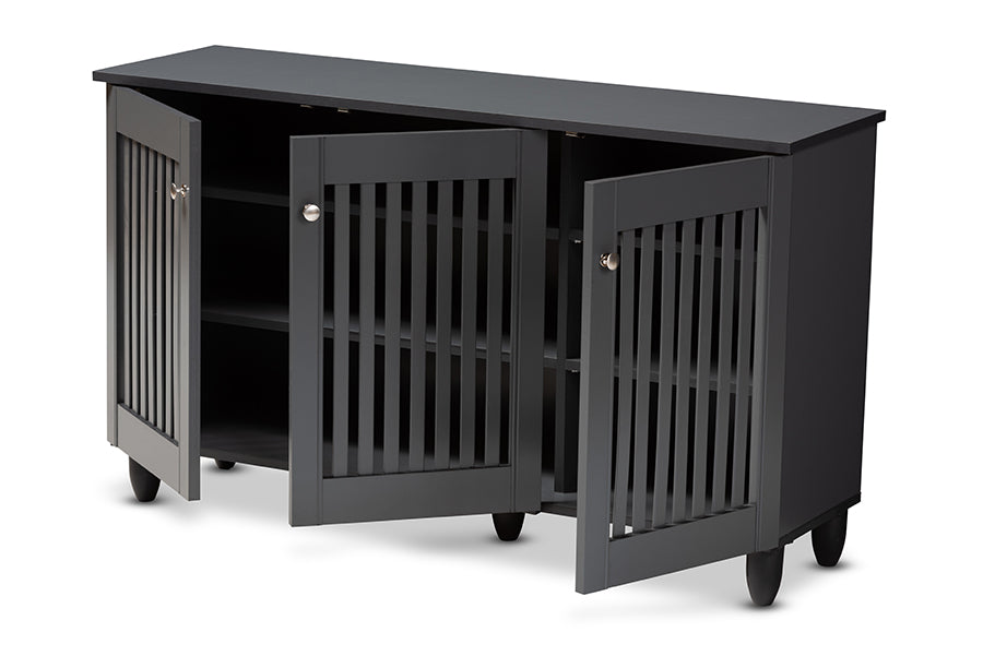 baxton studio fernanda modern and contemporary dark gray 3 door wooden entryway shoe storage wide cabinet | Modish Furniture Store-3