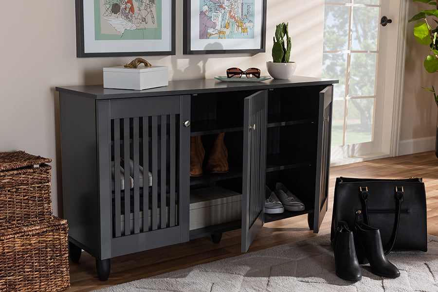 Baxton Studio Fernanda Modern and Contemporary Dark Gray 3-Door Wooden Entryway Shoe Storage Wide Cabinet | Modishstore | Cabinets