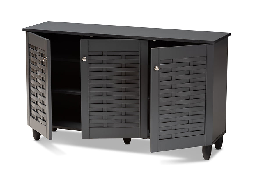 Baxton Studio Winda Modern and Contemporary Dark Gray 3-Door Wooden Entryway Shoe Storage Cabinet | Cabinets | Modishstore - 7