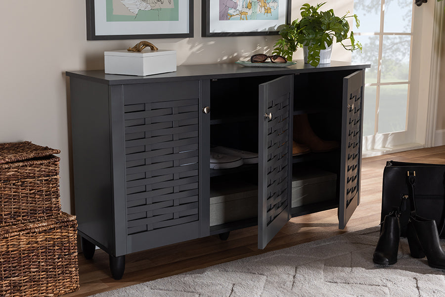 Baxton Studio Winda Modern and Contemporary Dark Gray 3-Door Wooden Entryway Shoe Storage Cabinet | Cabinets | Modishstore - 2