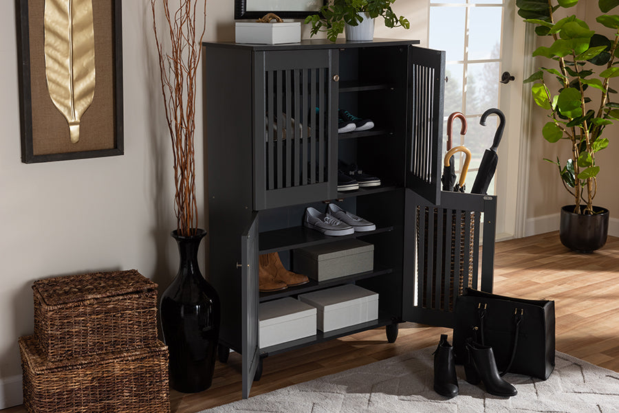 Baxton Studio Fernanda Modern and Contemporary Dark Gray 4-Door Wooden Entryway Shoe Storage Cabinet | Modishstore | Cabinets
