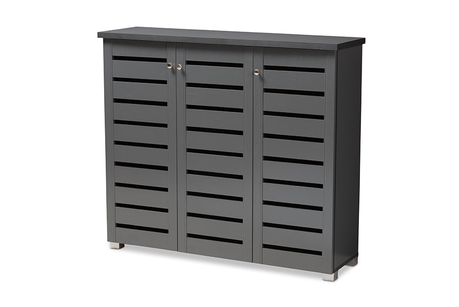 baxton studio adalwin modern and contemporary dark gray 3 door wooden entryway shoe storage cabinet | Modish Furniture Store-2