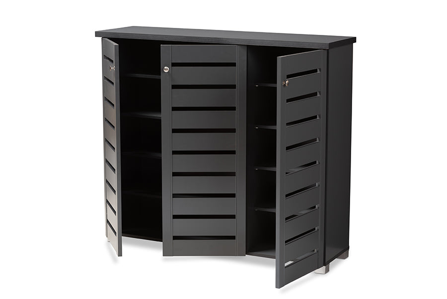 baxton studio adalwin modern and contemporary dark gray 3 door wooden entryway shoe storage cabinet | Modish Furniture Store-3