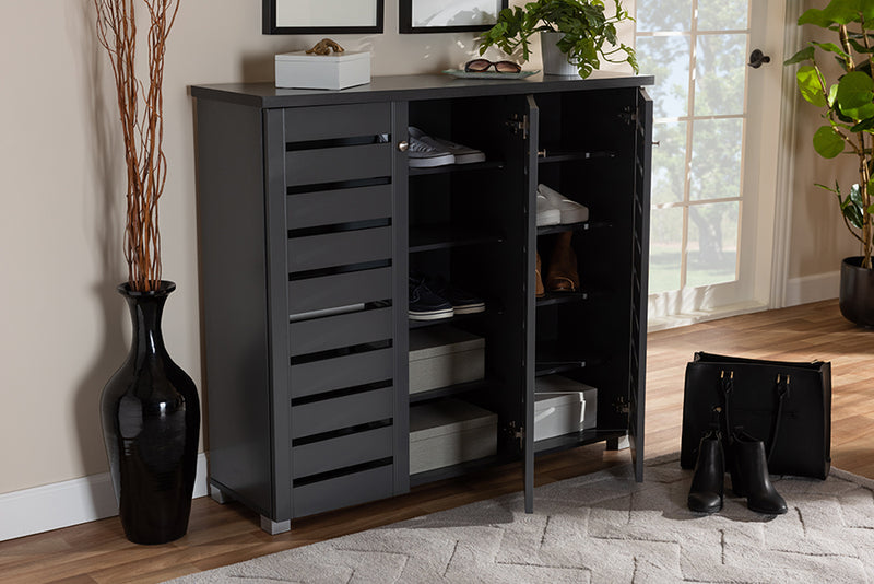Baxton Studio Adalwin Modern and Contemporary Dark Gray 3-Door Wooden Entryway Shoe Storage Cabinet | Modishstore | Cabinets