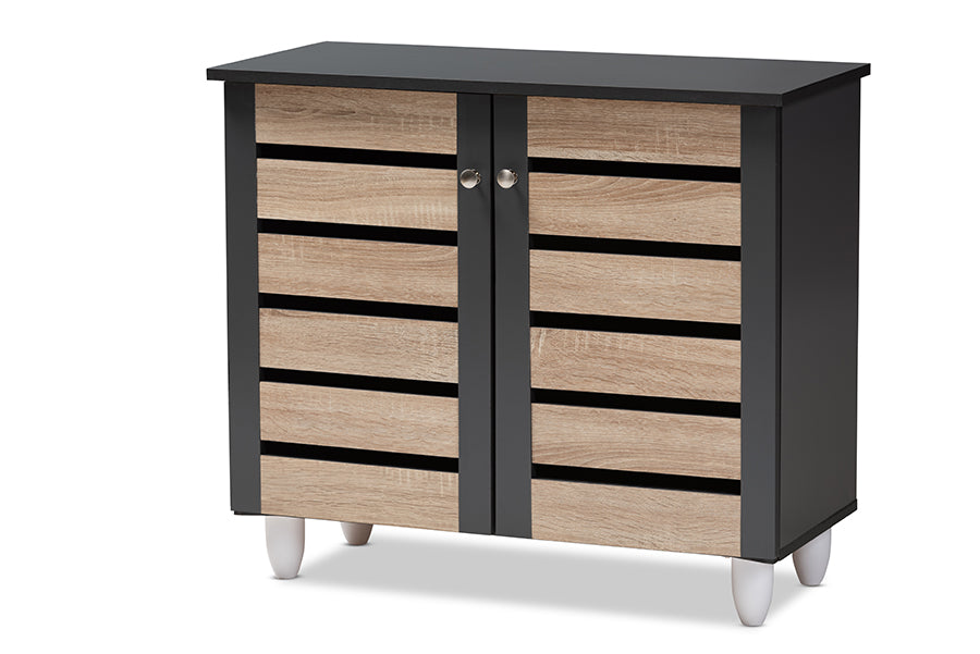 baxton studio gisela modern and contemporary two tone oak and dark gray 2 door shoe storage cabinet | Modish Furniture Store-2