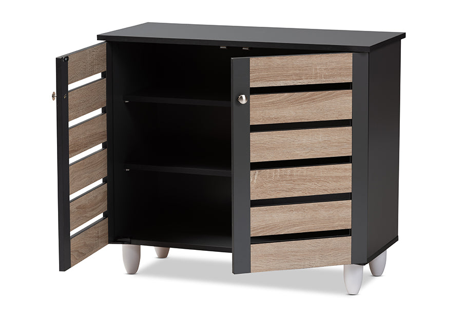 baxton studio gisela modern and contemporary two tone oak and dark gray 2 door shoe storage cabinet | Modish Furniture Store-3