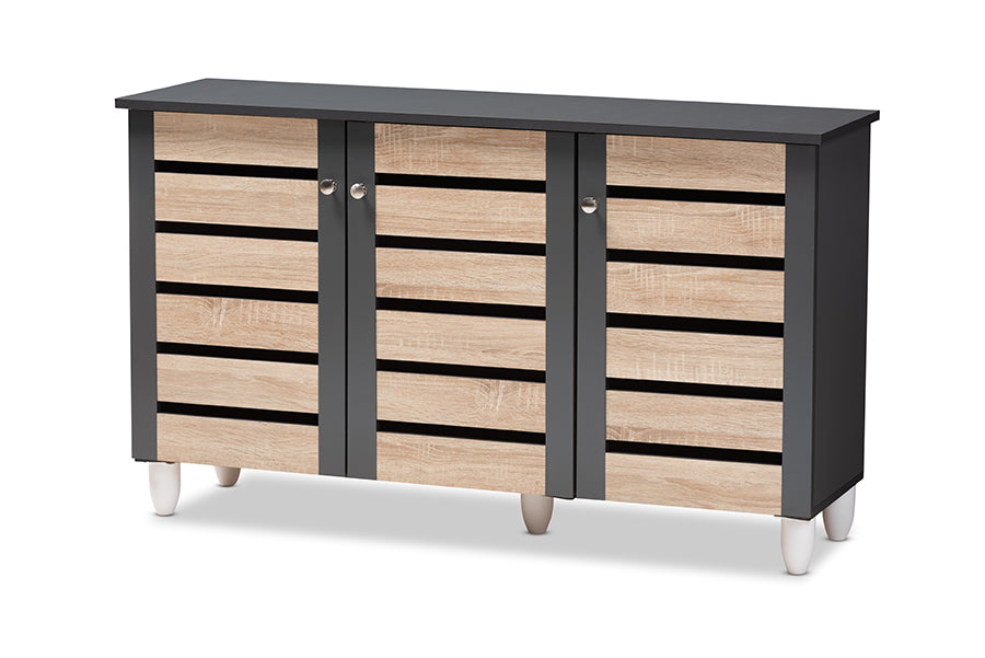 baxton studio gisela modern and contemporary two tone oak and dark gray 3 door shoe storage cabinet | Modish Furniture Store-2