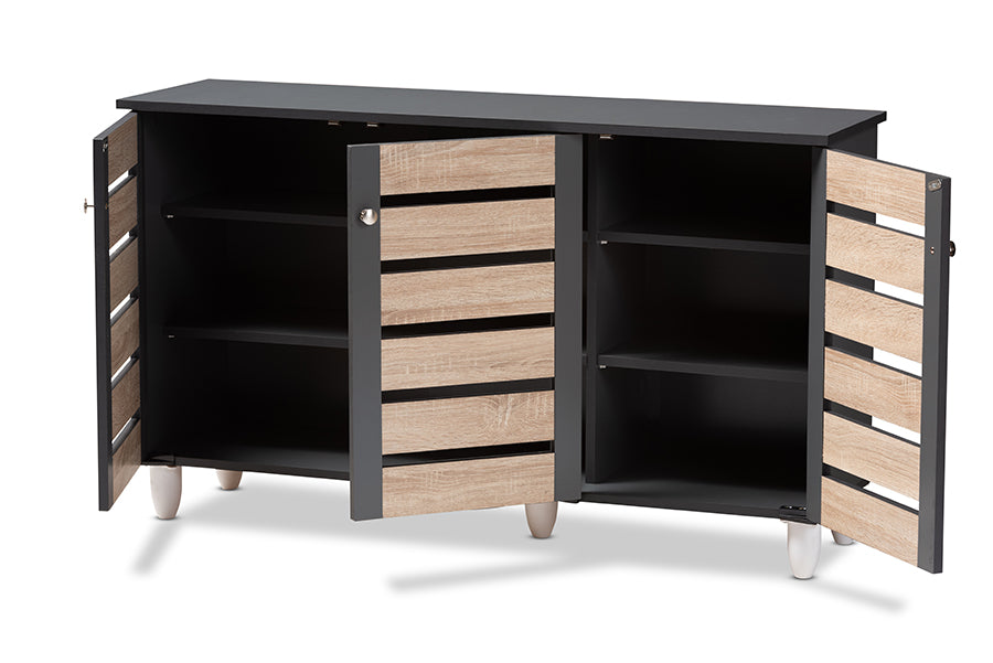 baxton studio gisela modern and contemporary two tone oak and dark gray 3 door shoe storage cabinet | Modish Furniture Store-3