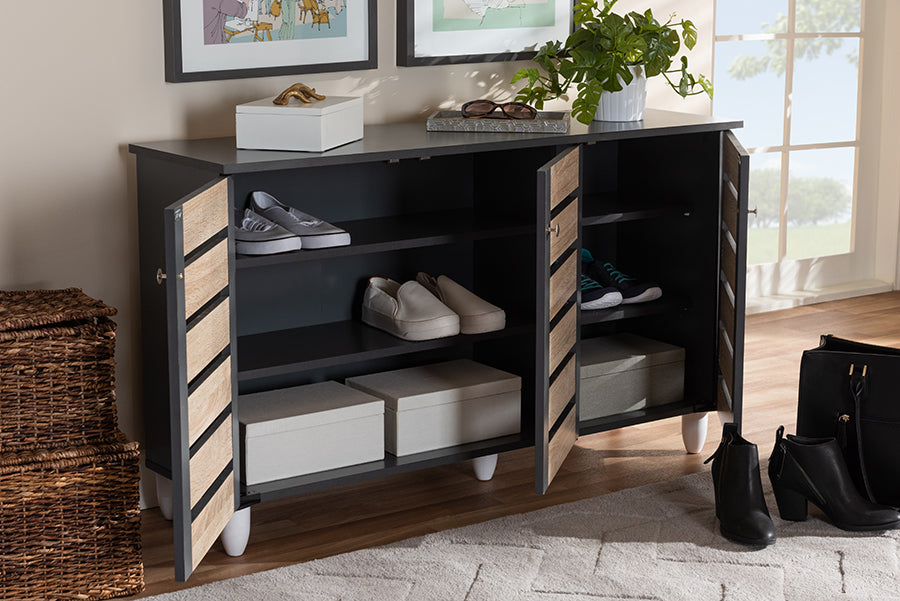Baxton Studio Gisela Modern and Contemporary Two-Tone Oak and Dark Gray 3-Door Shoe Storage Cabinet | Modishstore | Cabinets