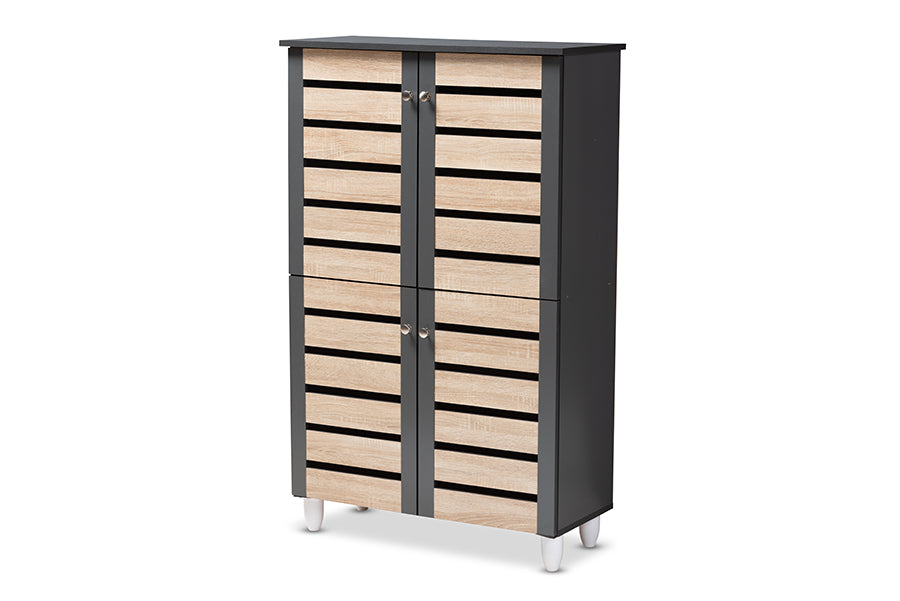 baxton studio gisela modern and contemporary two tone oak and dark gray 4 door shoe storage cabinet | Modish Furniture Store-2