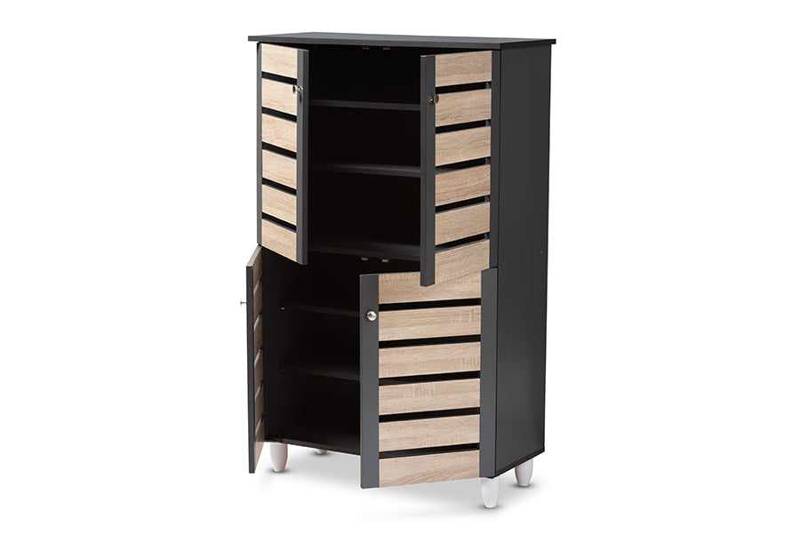 baxton studio gisela modern and contemporary two tone oak and dark gray 4 door shoe storage cabinet | Modish Furniture Store-3