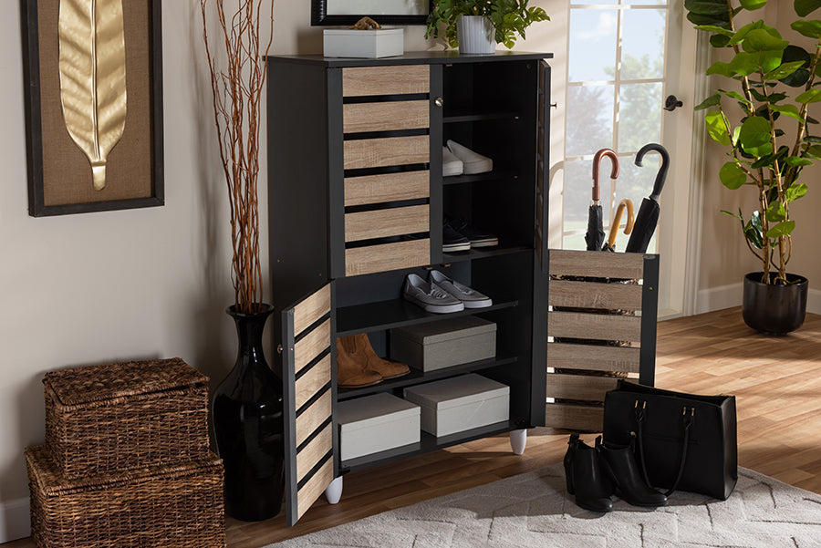 Baxton Studio Gisela Modern and Contemporary Two-Tone Oak and Dark Gray 4-Door Shoe Storage Cabinet | Modishstore | Cabinets