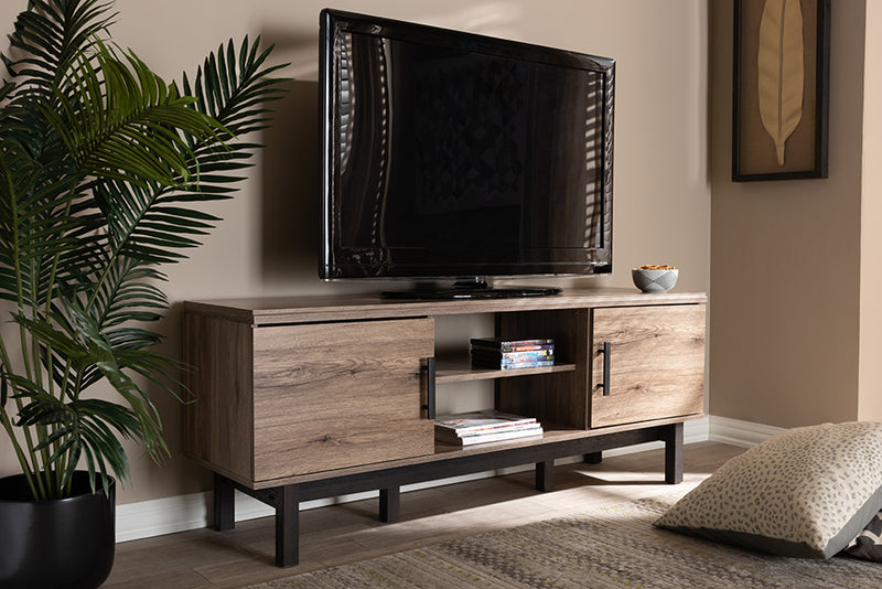 Baxton Studio Arend Modern and Contemporary Two-Tone Oak and Ebony Wood 2-Door TV Stand | Modishstore | TV Stands