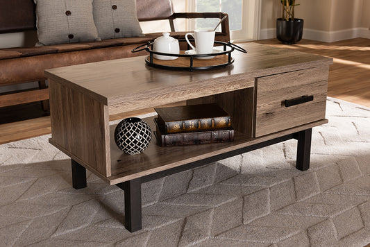 Baxton Studio Arend Modern and Contemporary Two-Tone Oak Brown and Black Wood 1-Drawer Coffee Table | Modishstore | Coffee Tables