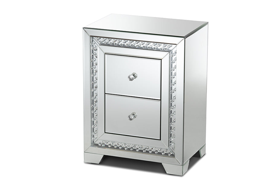 baxton studio mina modern and contemporary hollywood regency glamour style mirrored three drawer nightstand bedside table | Modish Furniture Store-2