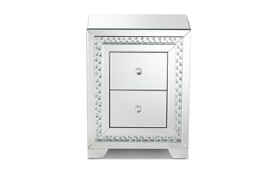baxton studio mina modern and contemporary hollywood regency glamour style mirrored three drawer nightstand bedside table | Modish Furniture Store-3