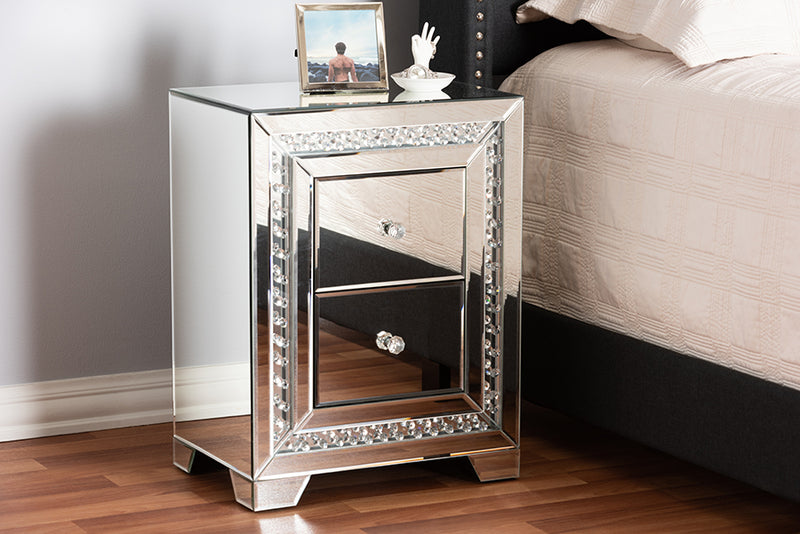 Baxton Studio Mina Modern and Contemporary Hollywood Regency Glamour Style Mirrored Three Drawer Nightstand Bedside Table | Modishstore | Nightstands