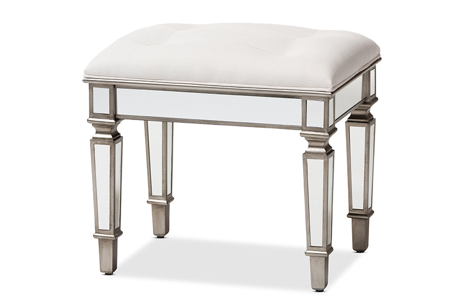 baxton studio marielle hollywood regency glamour style off white fabric upholstered mirrored ottoman vanity bench | Modish Furniture Store-2