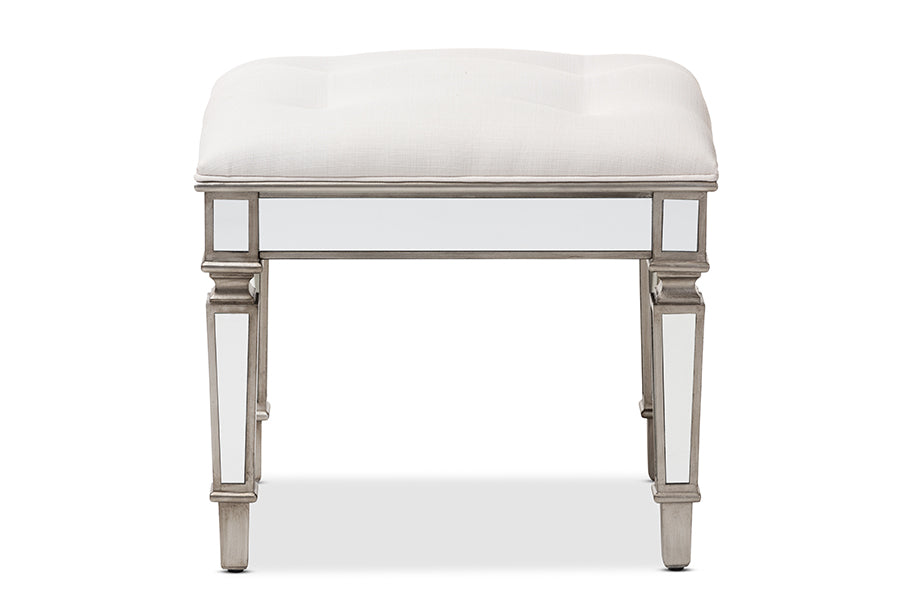baxton studio marielle hollywood regency glamour style off white fabric upholstered mirrored ottoman vanity bench | Modish Furniture Store-3