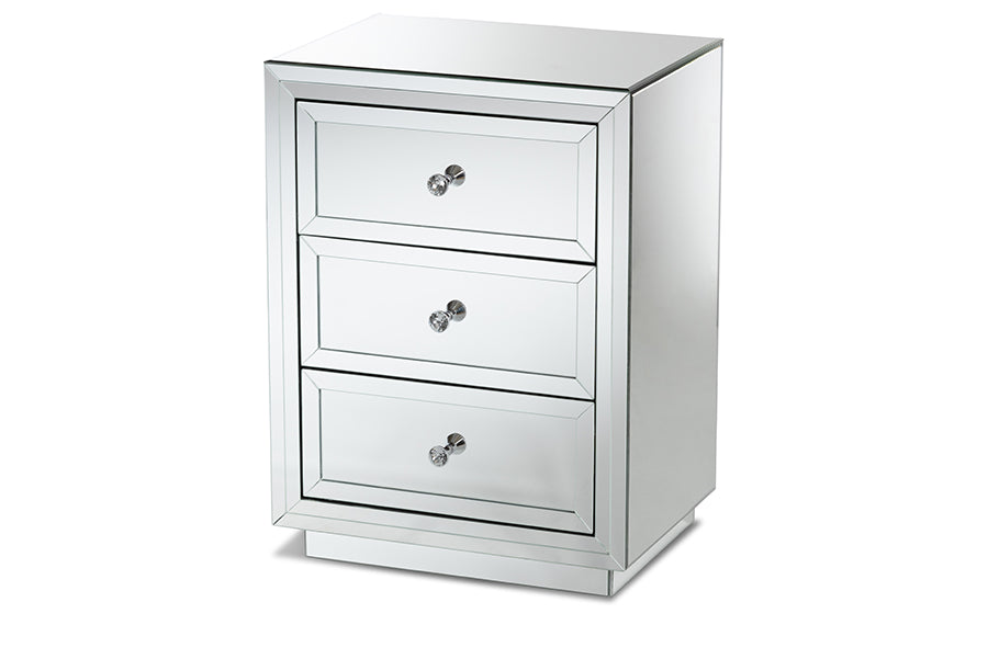 baxton studio lina modern and contemporary hollywood regency glamour style mirrored three drawer nightstand bedside table | Modish Furniture Store-2