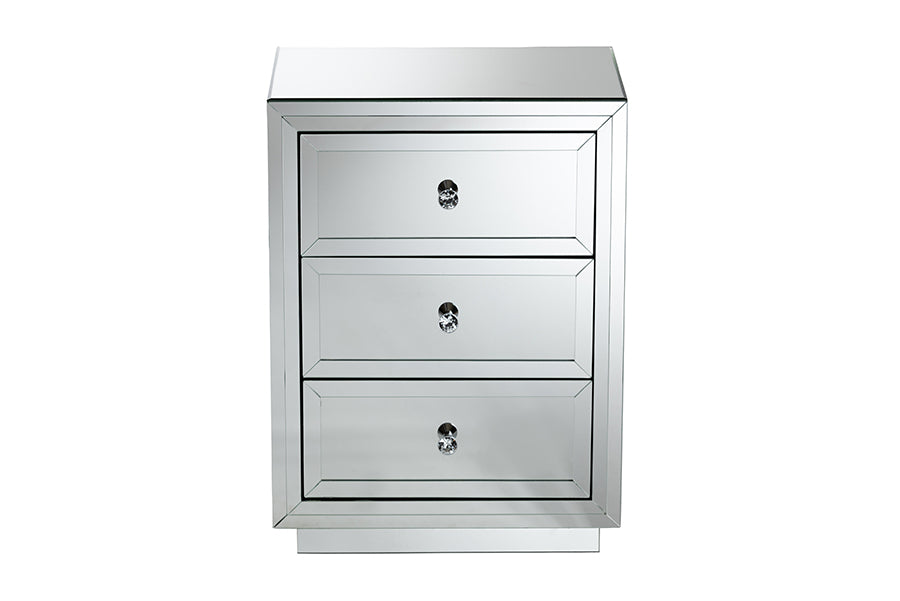 baxton studio lina modern and contemporary hollywood regency glamour style mirrored three drawer nightstand bedside table | Modish Furniture Store-3