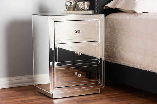 Baxton Studio Lina Modern and Contemporary Hollywood Regency Glamour Style Mirrored Three Drawer Nightstand Bedside Table | Modishstore | Nightstands