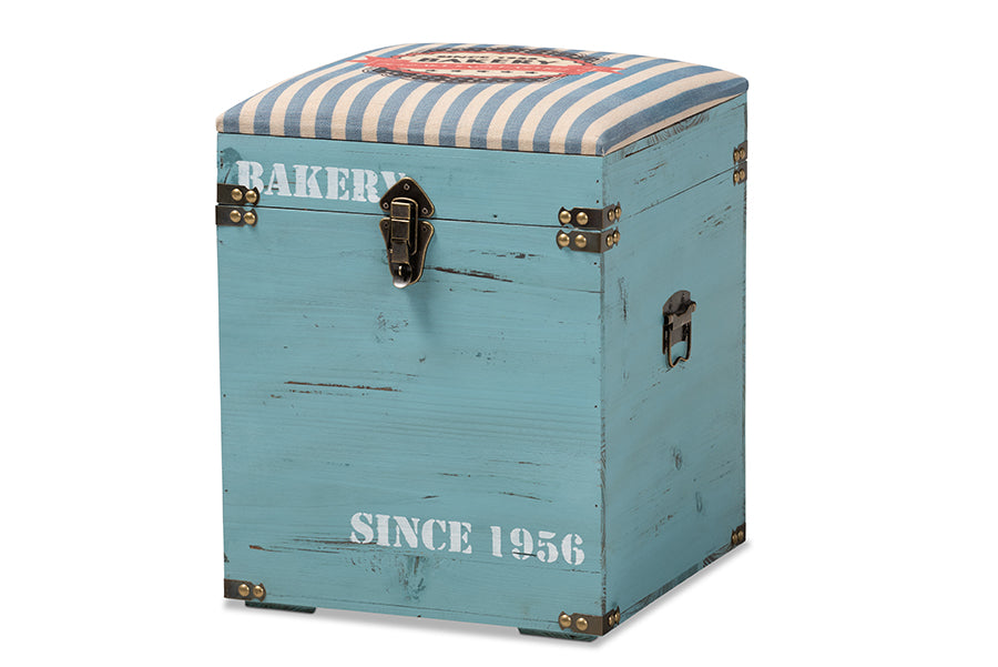 baxton studio caye vintage striped fabric upholstered light blue finished wood storage trunk ottoman | Modish Furniture Store-2