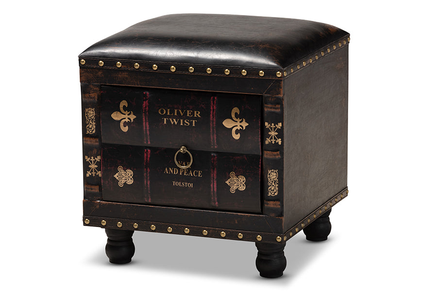 baxton studio charlier rustic antique inspired dark brown faux leather upholstered wood storage ottoman with book spine drawer | Modish Furniture Store-2