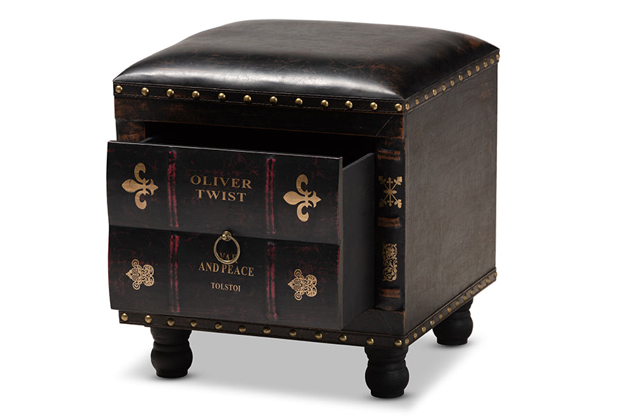 baxton studio charlier rustic antique inspired dark brown faux leather upholstered wood storage ottoman with book spine drawer | Modish Furniture Store-3