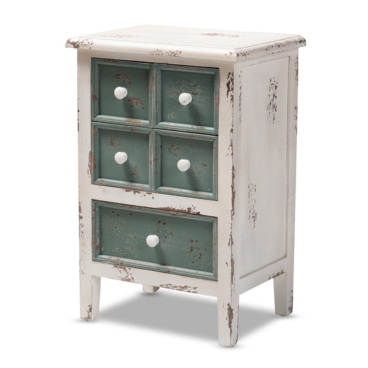 Baxton Studio Angeline Antique French Country Cottage Distressed White and Teal Finished Wood 5-Drawer Storage Cabinet | Cabinets | Modishstore