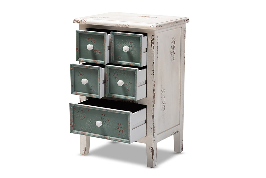 Baxton Studio Angeline Antique French Country Cottage Distressed White and Teal Finished Wood 5-Drawer Storage Cabinet | Cabinets | Modishstore - 6