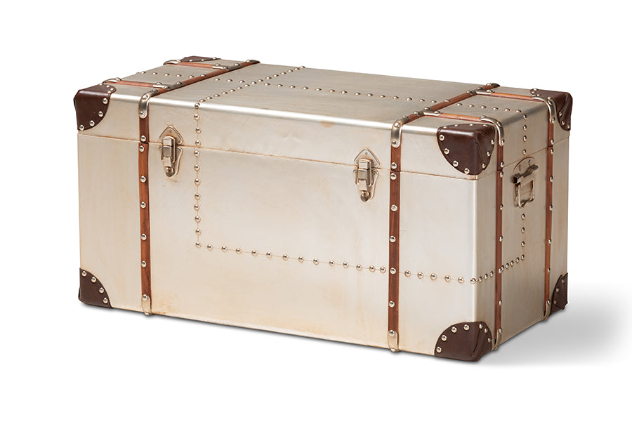 baxton studio bechet french industrial silver metal storage trunk | Modish Furniture Store-2