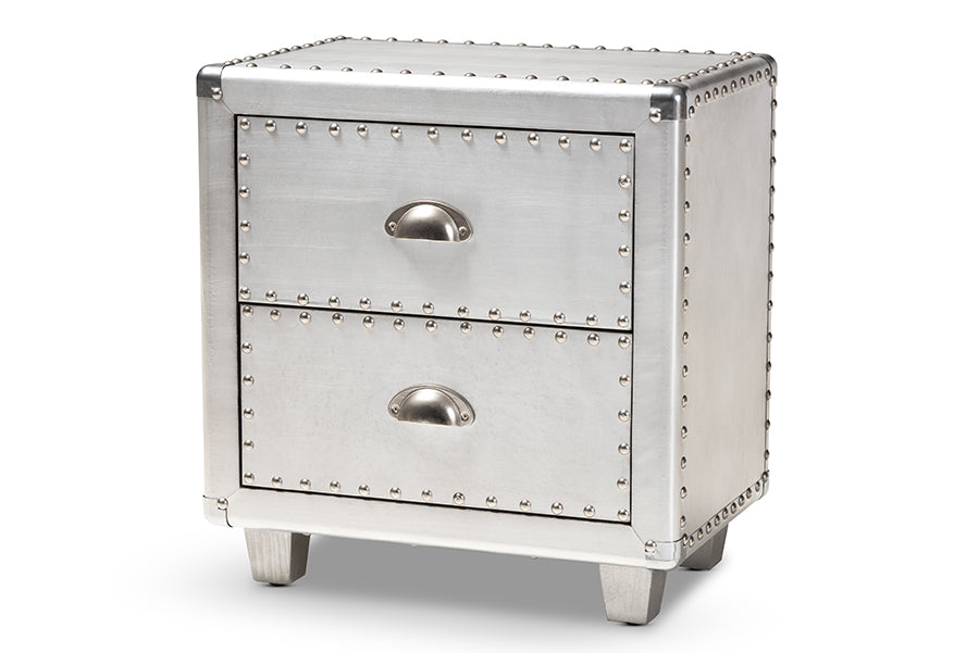 baxton studio davet french industrial silver metal 2 drawer nightstand | Modish Furniture Store-2