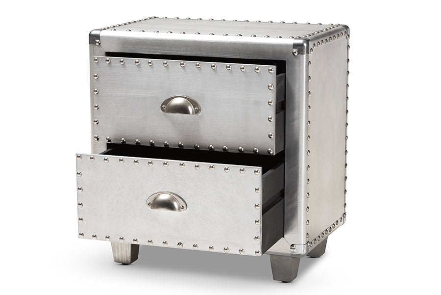 baxton studio davet french industrial silver metal 2 drawer nightstand | Modish Furniture Store-3